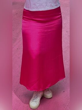 Everlane Hot Pink Satin Midi Skirt